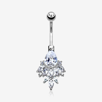 14 Karat White Gold Luscious Floral Sparkle Teardrop Belly Button Ring-Clear Gem